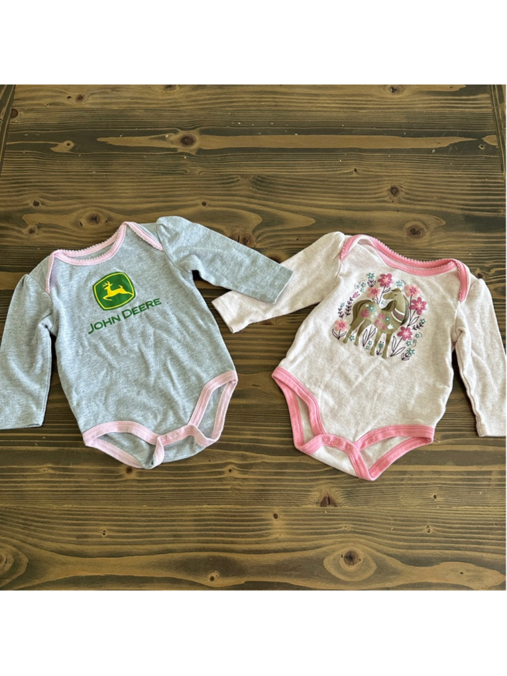Baby John Deere Bodysuit Lot 3-6M Pink Gray Horse Tractor 2 Pc